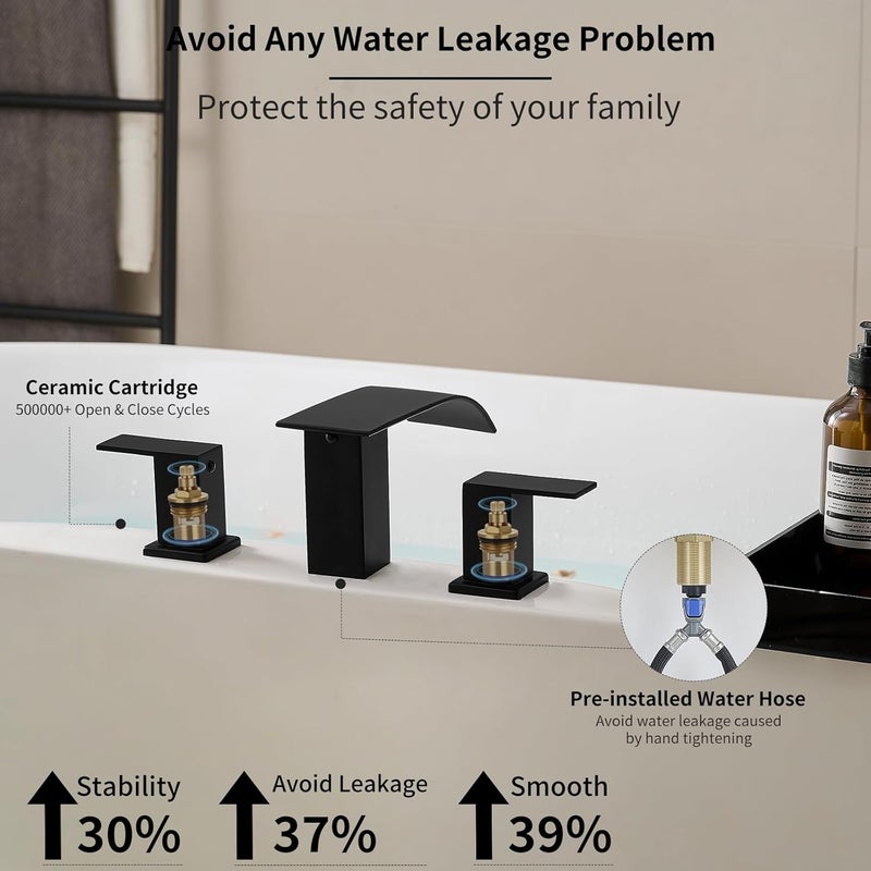 RUMOSE Matte Black Roman Bathtub Faucet Set Waterfall Tub Faucets High Flow Widespread 6-16 Inch 3 Holes Deck Mount Tub Filler 2 Handles Bathtub Filler Soaking Bath Faucet - Image 3